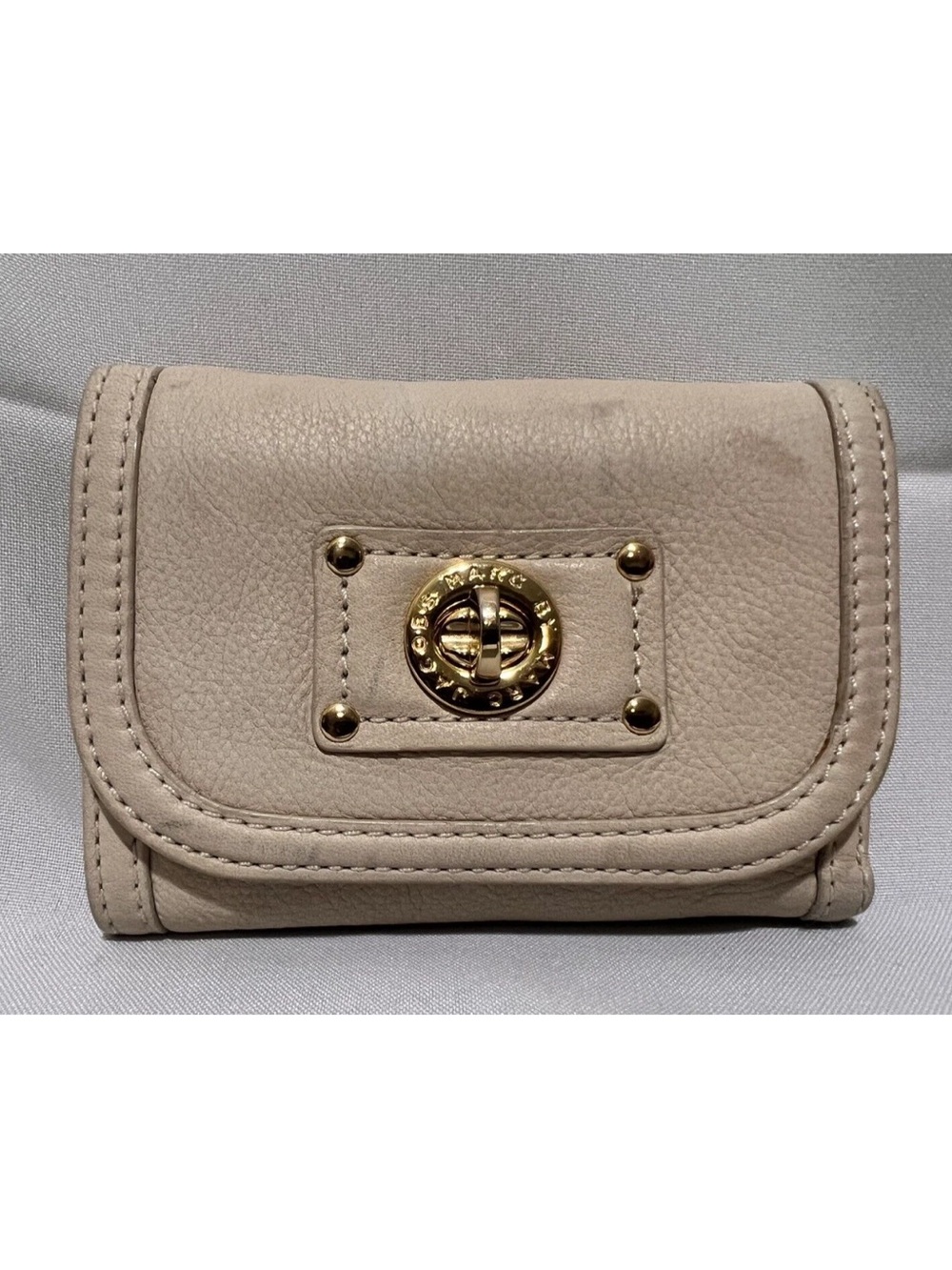 Marc Jacobs Taupe Leather Compact Wallet with Gold Turn-Lock